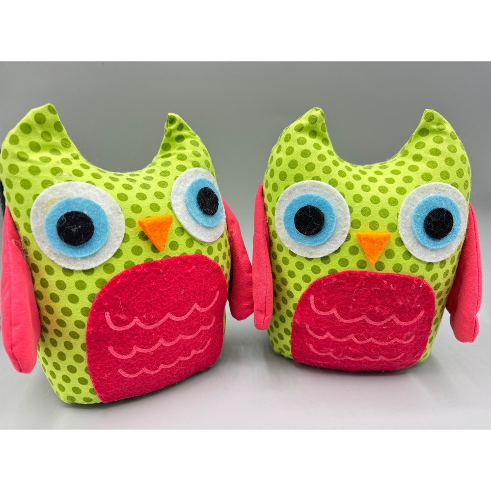 Set of‎ 2 Green Polka Dot Owl Bookends Weighted Plush Sand Filled Pink Accents